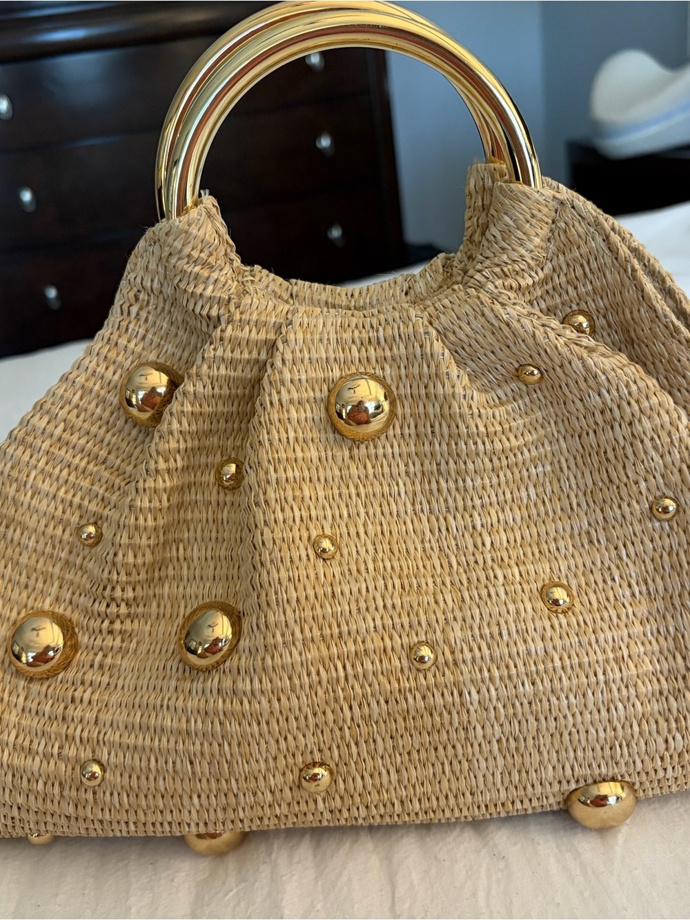 Urban Expressions Natural Woven Satchel with Gold Accents - Picture 2 of 5